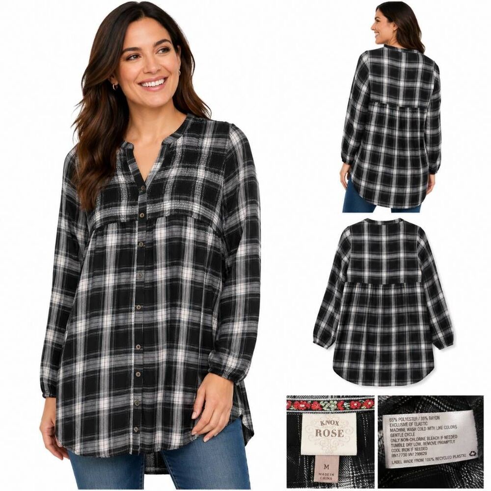 Knox Rose Women’s Medium Black White Plaid Tunic Top